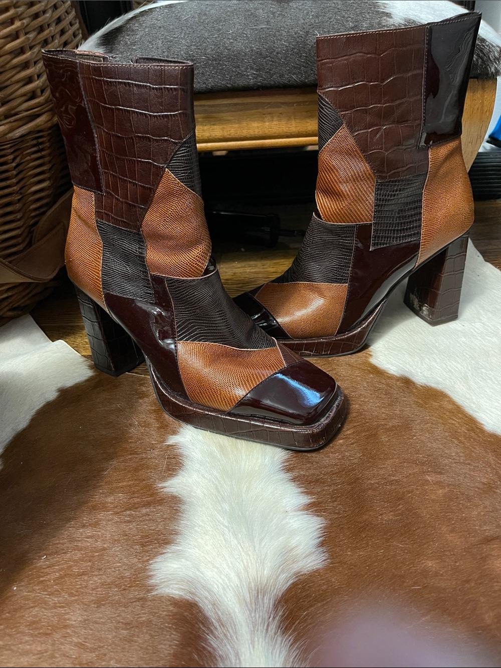 Womens Brown Patchwork Leather Ankle Boots - Picture 2 of 7